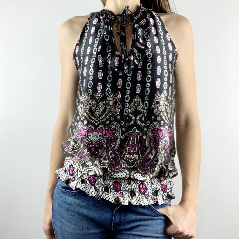 ROMY |💜 Paisley Satin Ruched Sleeveless Ruffle Top - Picture 2 of 8